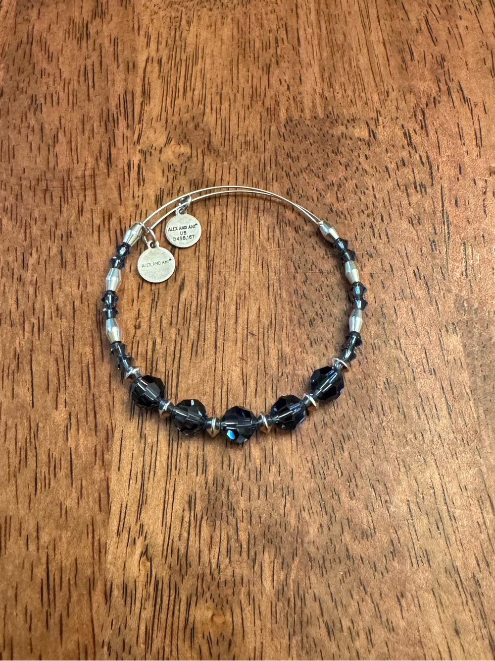 Alex and Ani Navy Blue Beaded Bangle Bracelet - Silver Tone Expandable Wire